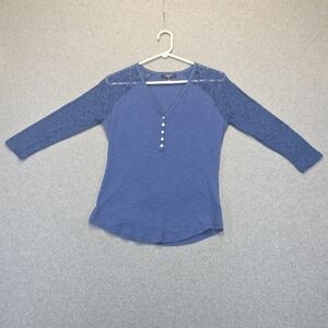 Chaps Denim Blue Lace Sleeve Henley Top Size Medium